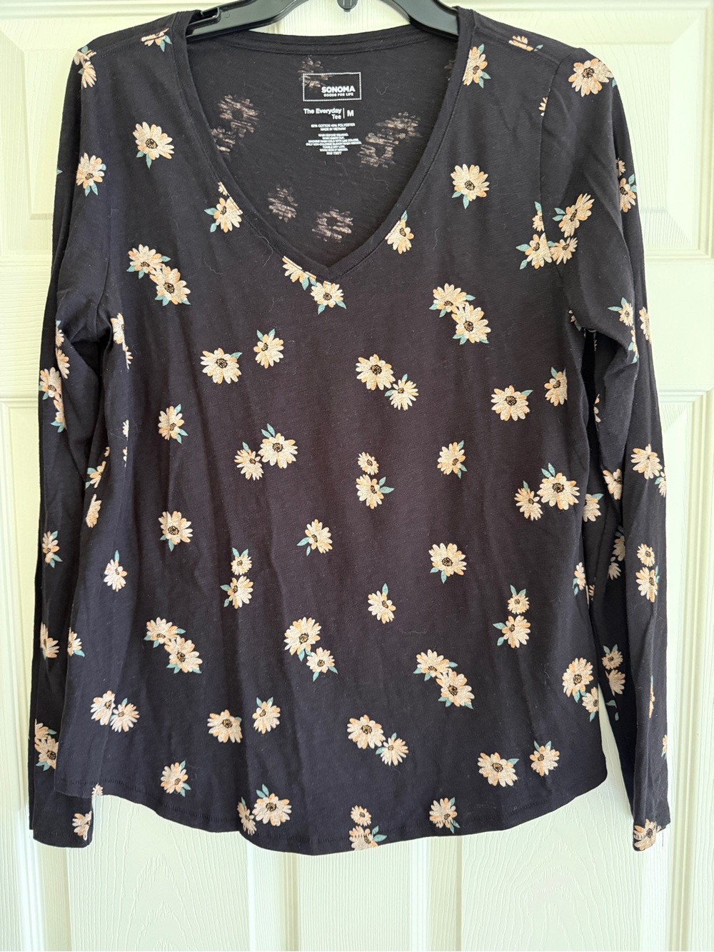 Sonoma Floral V-Neck Long Sleeve Top - Black with Cream/yellow Flowers